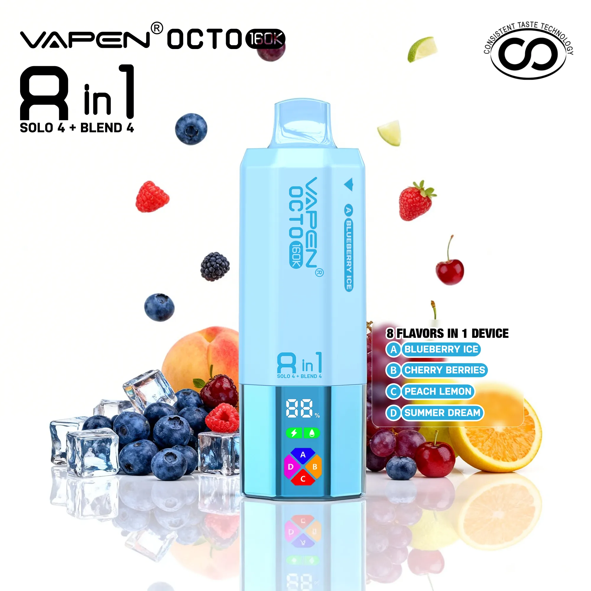 vapen-octo-blueberry-ice-cherry-berries-peach-lemon-summer-dream-fruit VAPEN OCTO 160K Puffs - Jagoda Ice + Wiśniowe Jagody + Brzoskwinia Cytryna + Letni Sen - obrazek 1