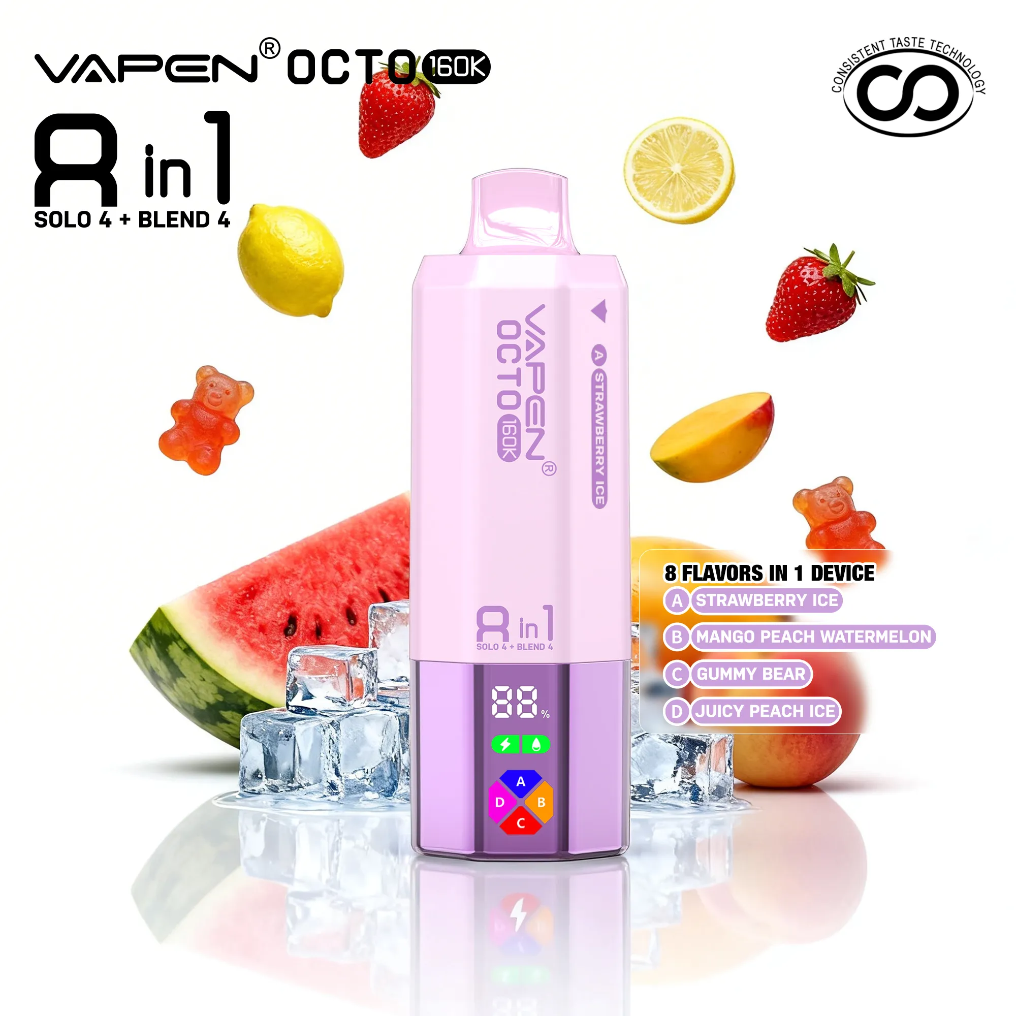 vapen-octo-strawberry-ice-mango-peach-watermelon-gummy-bear-juicy-peach-ice-fruit VAPEN OCTO 160K Puffs - Truskawka Ice + Mango Brzoskwinia Arbuz + Żelki Misiowe + Soczysta Brzoskwinia Ice - obrazek 1